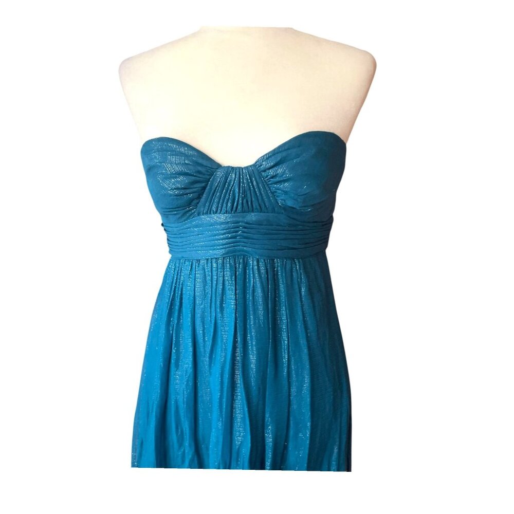 Vintage Aqua Silk Blend Fairycore Strapless Maxi Dress Floral Boho Goddess Sz 6 - Picture 7 of 16